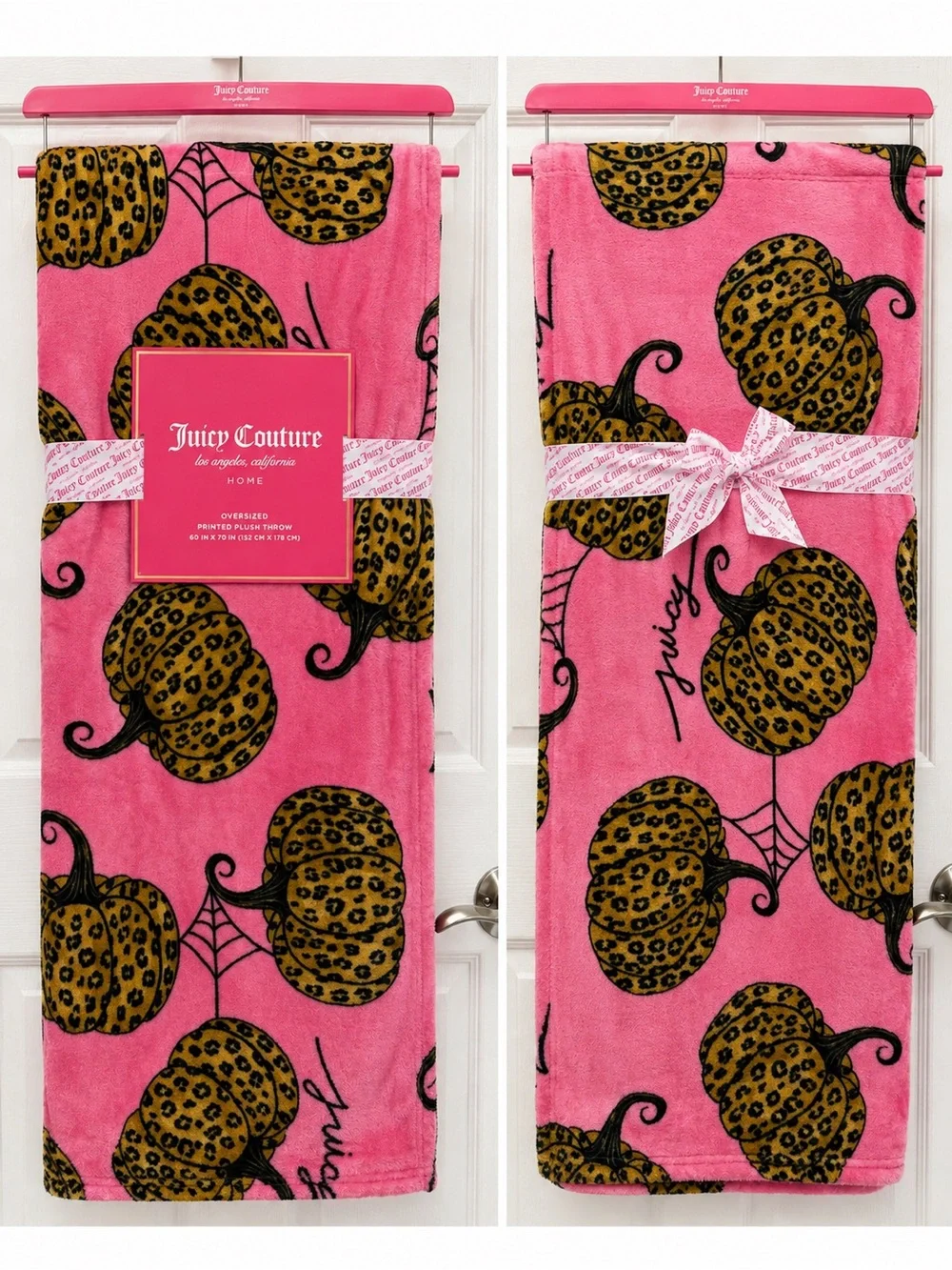 Juicy Couture Pink Plush Throw OVERSIZED blanket with Leopard Pumpkin Print